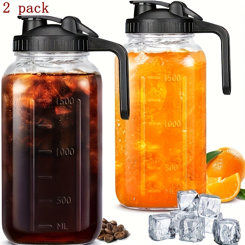 2/3 pcs 64oz Mason Jars with Lid, Glass Pitcher Double Leak Proof with Pour Spout Handle, 2 Quart Wide Mouth Breast Milk Pitcher for Fridge, Creamer Container for Coffee, Sun Tea