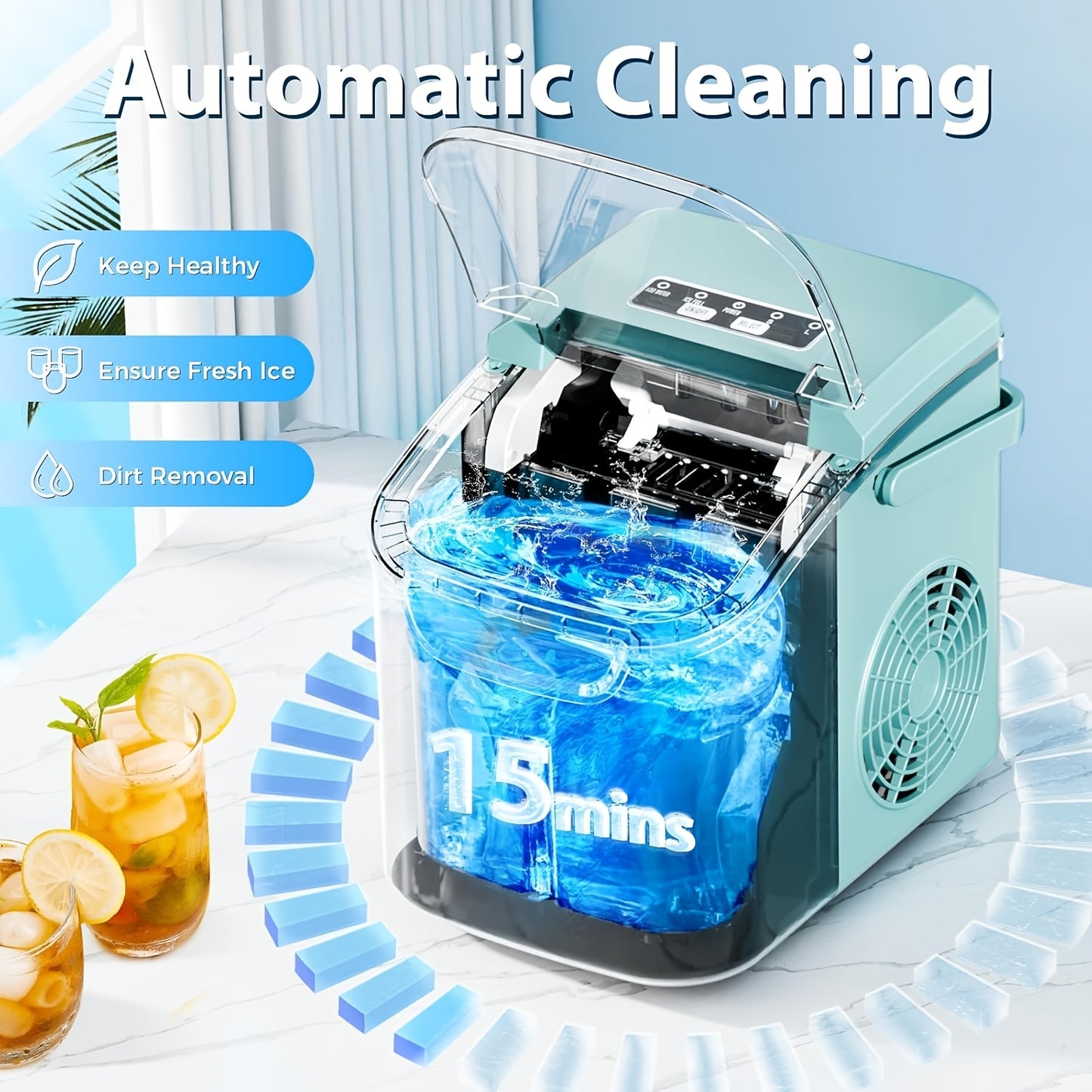 Countertop Ice Maker, 9 Ice Cubes in 6 Mins, 26.5Lbs/ 24H Self-Cleaning Portable Ice Machine with 2 Sizes(S/ L), for Home/ Kitchen/ RV, Green/ Black/ White