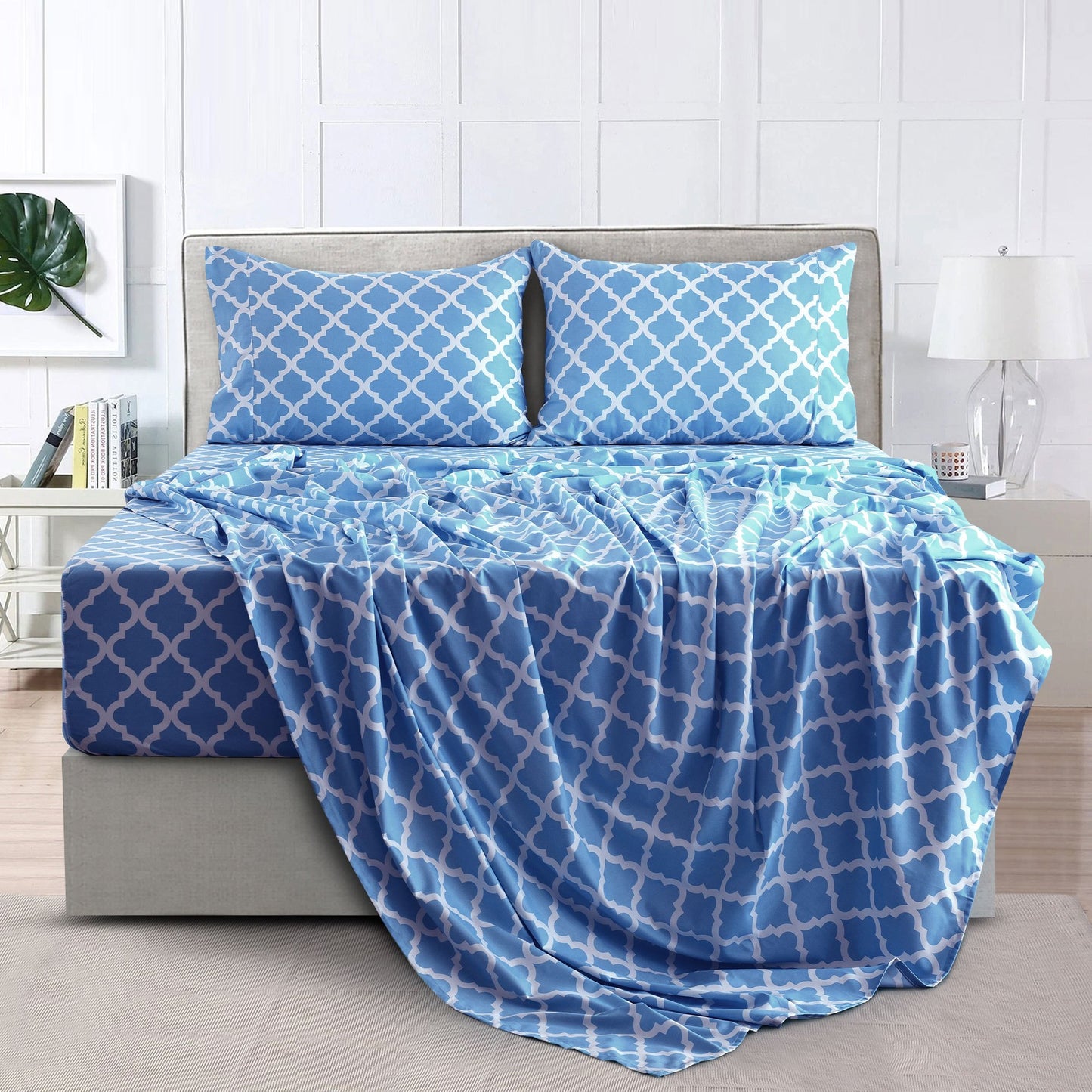 Lux Decor 4 Pieces Quatrefoil Bed Sheets - Stylish Comfy Bedding Set - Hotel Luxury Skin Friendly Cooling Sheets & Pillowcases Without Filler - Classic Collection With 16 Inches Deep Pocket - Shrinkage & Fade Resistant