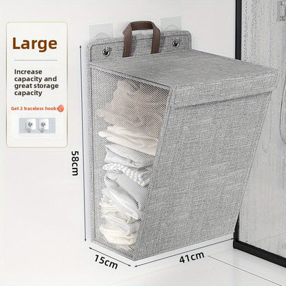Wall Mounted Laundry Hamper Foldable Oxford Cloth with Lid | Space Saving Clothes Storage Basket for Bedroom Bathroom Living Room | Large 22x15 Inch Multi-Purpose Organizer Gray