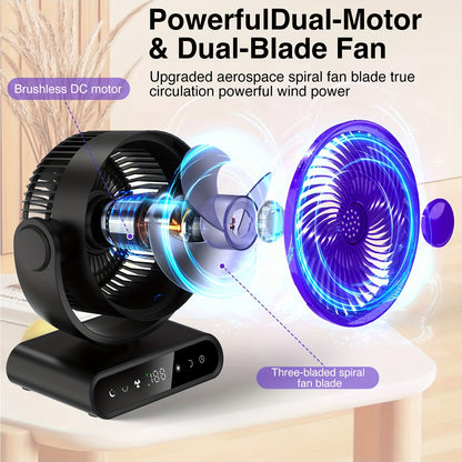 Camping Fan with LED Light Battery Powered 20000mAh 40000mAh 9-Inch 5-Speed Remote Control 90° Tilt 120° Oscillating Quiet Air Circulator for Outdoor Home