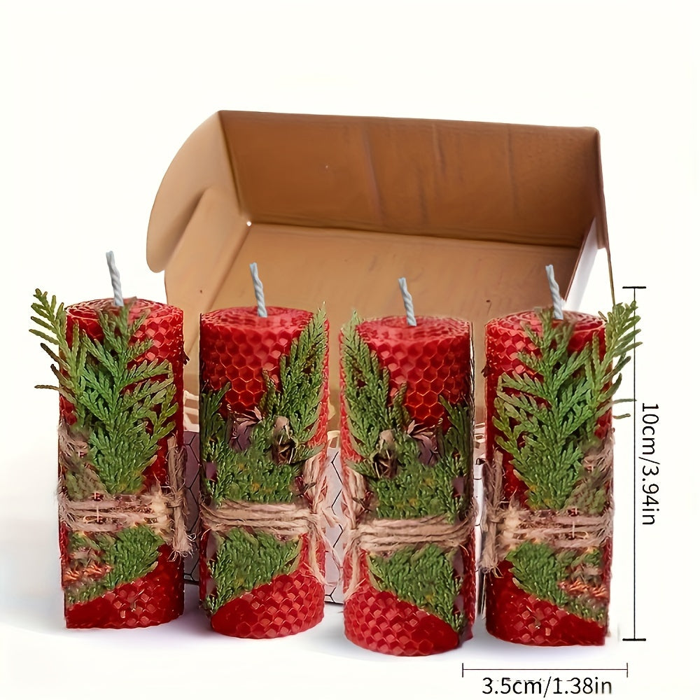 4pcs 100% Beeswax Candles, Gift Box Set of 4 Hand Rolled Pillar Candles for Gift And Home Decor, with Honeycomb Texture for Gift And Candle Decor, Christmas Dinner Candles, Christmas Decorations