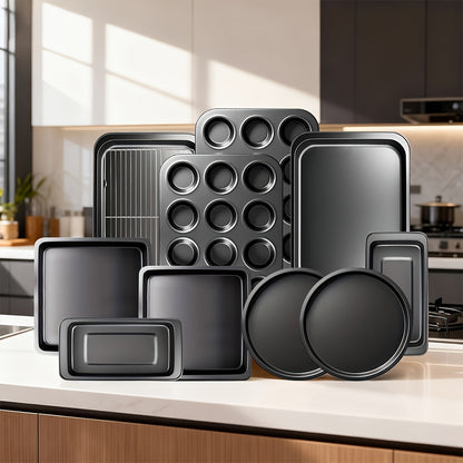 4/11/23/46pcs Baking Pan Set, Includes Roasting Pans/Cookie Sheets, Round Cake Pans, Square Bread Pans, Muffin Pans, Pizza Pans, Kitchen Essentials, Commercial-Grade Material, Black Gift Box Packaging