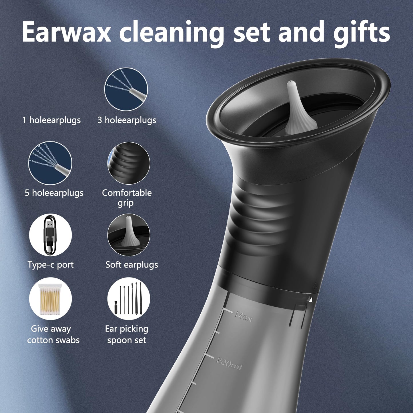 Electric Ear Wax Removal Kit with One-Piece Waste Tank – Water Temperature Sensor, 2000mAh Battery, LED Power Display, Professional Safe Ear Irrigation Cleaner