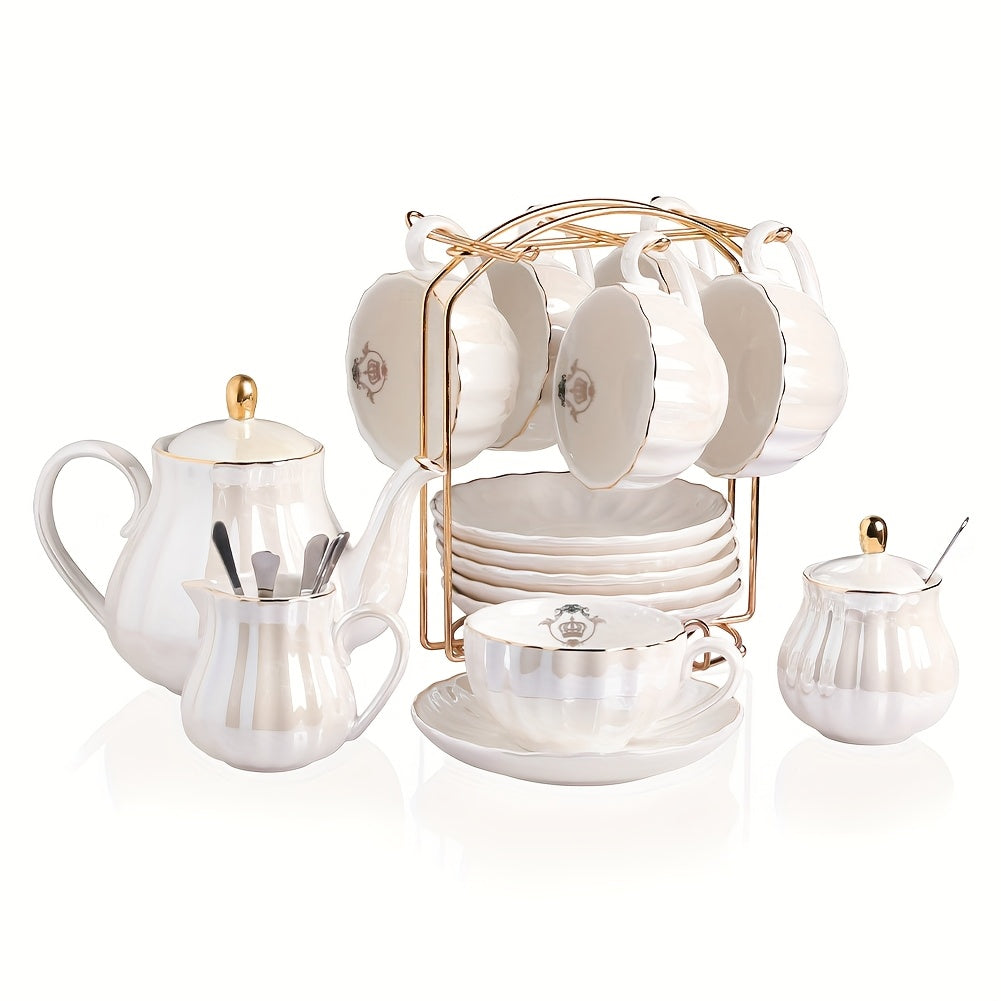 Sweejar Porcelain Tea Sets British Royal Series, 8oz Cups & Saucer Service for 6, with Teapot Sugar Bowl Cream Pitcher Teaspoons And Tea Strainer, Suitable for High Tea, Wedding, Party