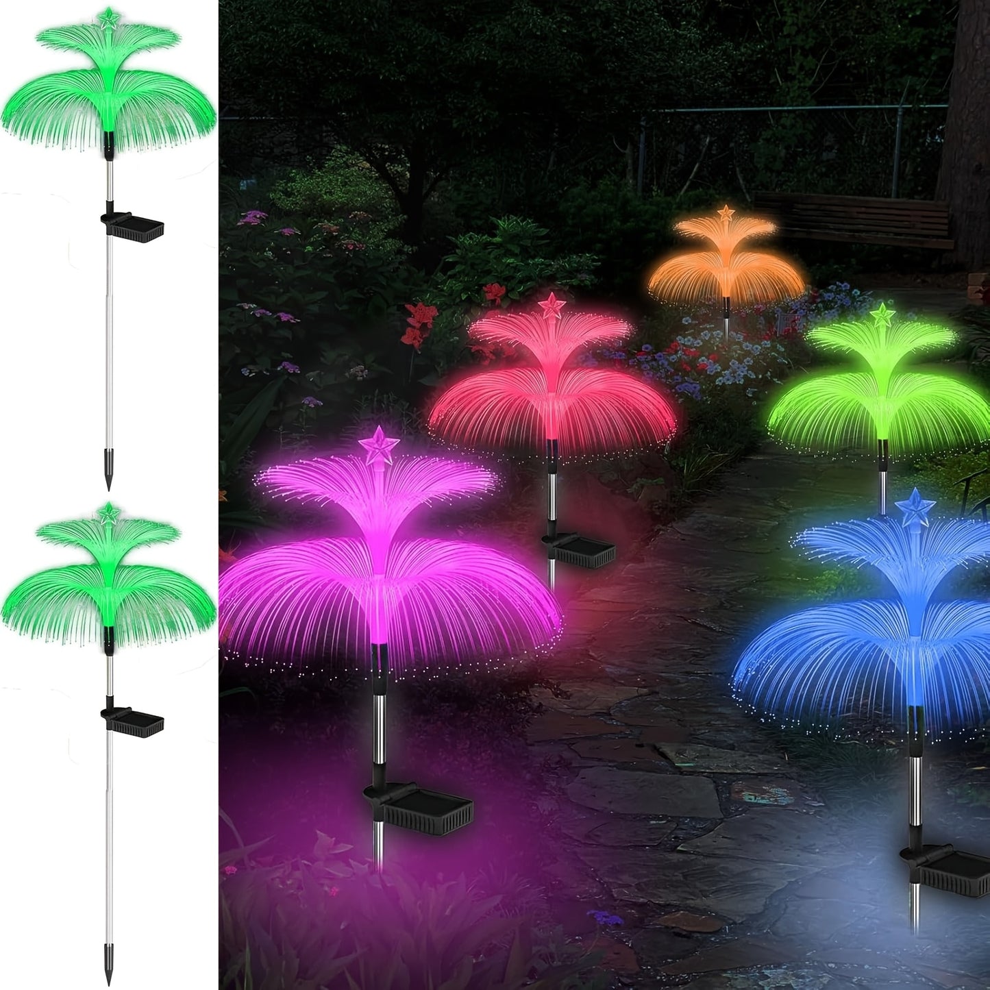 Solar Christmas Tree Lights Fiber Optic Star, 7-Color LED IP65 Waterproof Garden Stake Lights — 2 or 5 Layer Star for Lawn, Pathway, Patio & Holiday Decor | 2, 4 or 6 Pack