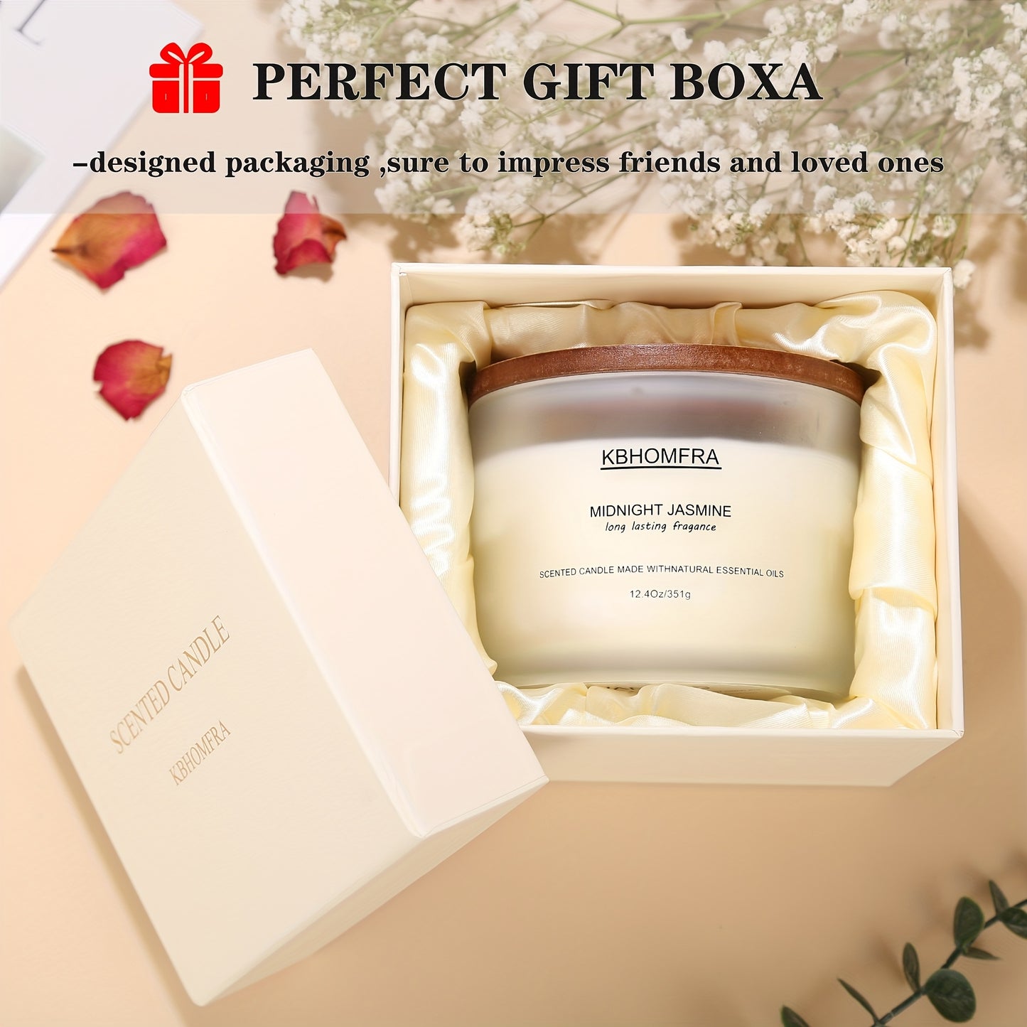 KBHOMFRA Scented Candle Jasmine Lavender Or Random Scent Aromatic & Fragrant | Natural Soy Blend Wax 12.4oz Large Capacity Luxury Gift Box Candle Scent Long-Lasting 70 Hour Burn Timor