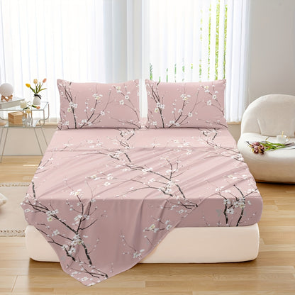 Fitted Sheet Set 4-Piece Plum Blossom Floral Print | Deep Pocket 15" Bed Sheets Twin Full Queen King | Soft Polyester Bedding Set with 2 Pillowcases, All-Season Machine Washable
