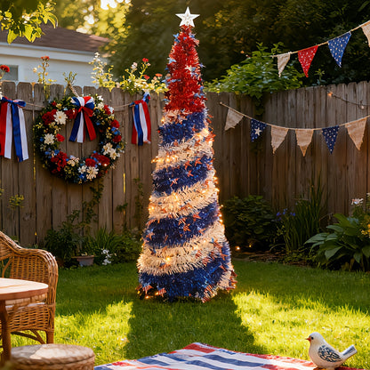 4th of July Patriotic Decoration Tree 5ft – Foldable LED Light String with Red White Blue Stars & Stripes, Independence Day Party Decor, Patriotic Theme Display Tree, Summer Holiday Gift