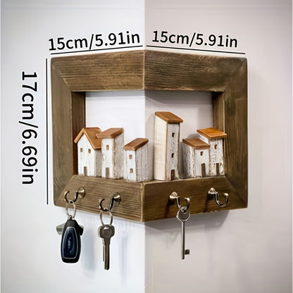 Rustic Style Wall-mounted Key Rack, Featuring 6 Rustic-style Houses, A Wall-mounted Key Holder with Hooks, Wooden Entrance Storage Rack Suitable for Bedroom, Home Wall Display, Art Wall Storage, Art And Craft Wall Display Rack,, Christmas Gift.