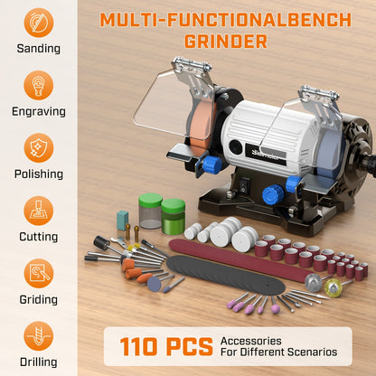 Bielmeier Bench Grinder 3", Rotary Tool with 110pcs Accessories, Bench Buffer Polisher with Long Flexible Shaft (105cm), Ideal for Wood, Jewelry, Metal, Plastic, Stone, Compact Design, Weight Only 3.97LB, Low Noise, Low Vibration, Easy to Use