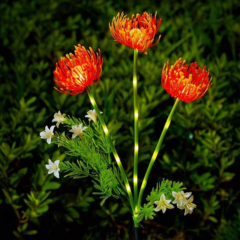 2pcs/set Solar Powered Flower Lights, Outdoor Courtyard Lights With 3 Heads, Shore Flower Garden Layout, Lawn Simulation, Flower And Grass Lawn Lights Decoration