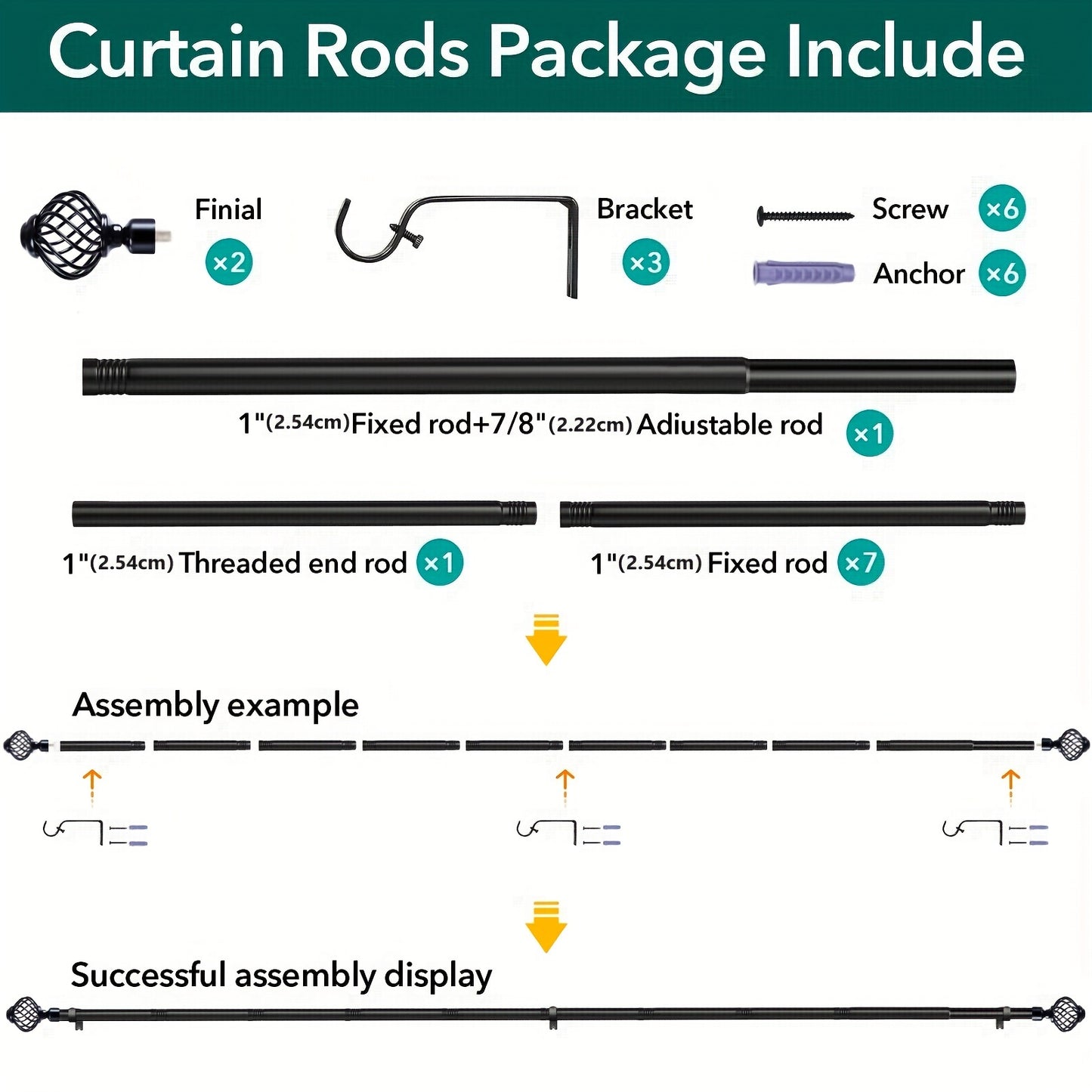Curtain Rods for Windows, Modern Decorative Brass Drapery Rods, Heavy Duty Curtain Rods, Black Curtain Rods for Bedroom, Living Room, Patio, Kitchen, Farmhouse, Adjustable Easy Install Curtain Rods