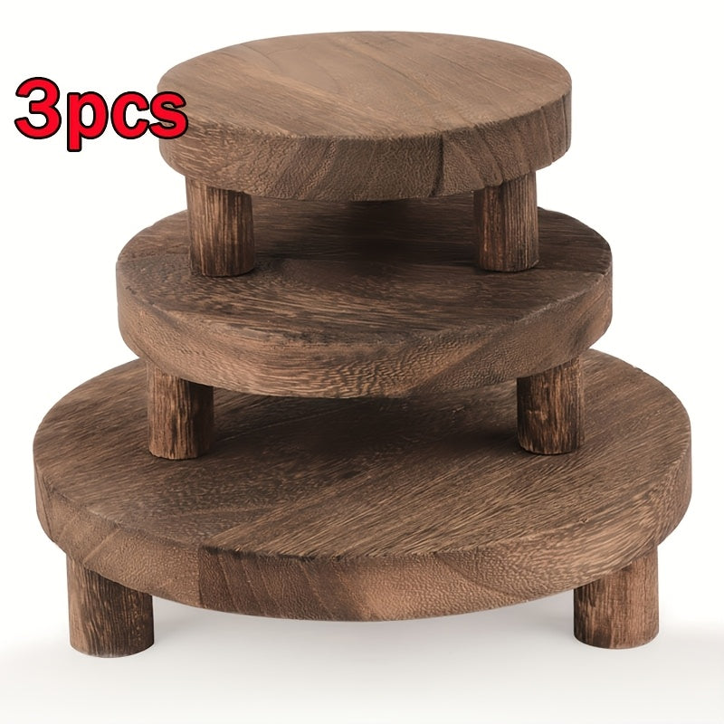 3pcs Rustic Wooden Display Riser Stands - Natural Finish, Multi-Tier Cake Stand with Sleek Legs for Home Decor And Organizer, Decorative Display | Natural Wood Finish | Smooth Surface