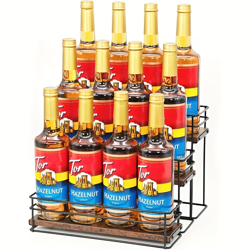 3-Tier Metal Bottle Rack Countertop Organizer – No-Install Syrup Holder for Coffee Bar, Wine & Whiskey Display Stand, Holds 12 Bottles