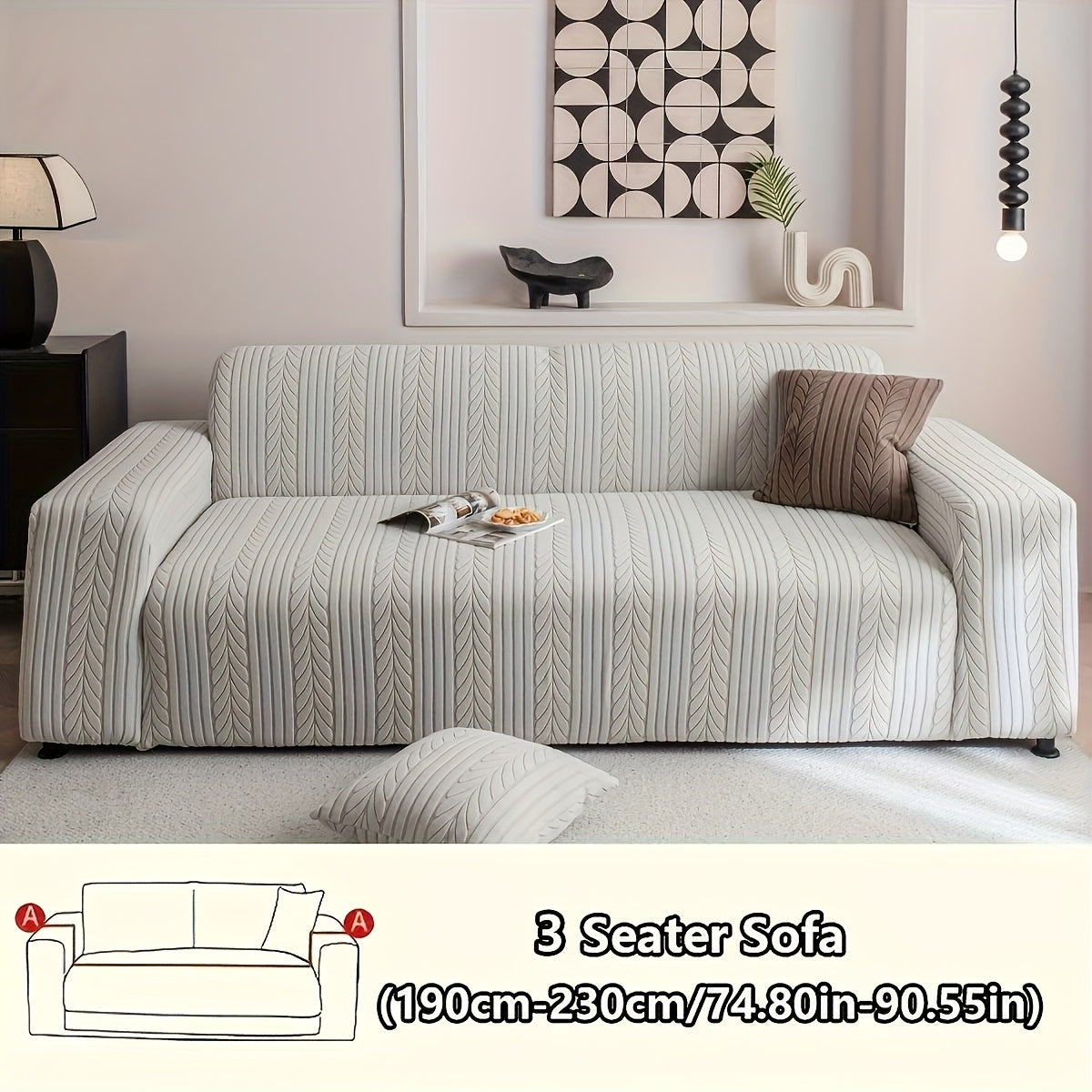 1 Striped Sofa Cover, Washable, Stretchy, Scratch And Slip-Resistant. Fits 1-4 Seaters, White Textured Zigzag Fabric. Great for Decor, Furniture Protection, Classic And Durable Design