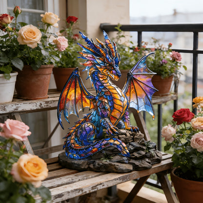Decorative Dragon Sculpture with Light, Faux Stained Glass Resin Statue, Bohemian Accent Lamp for Home Decor