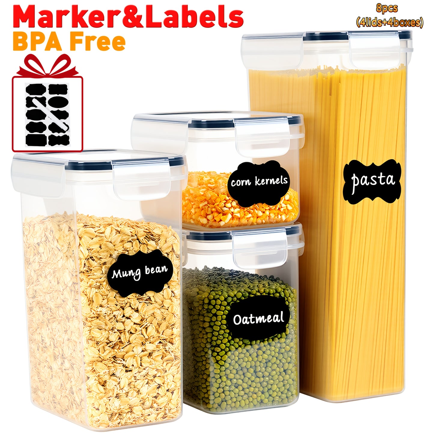 (4/8/15/16lids+4/8/15/16boxes) Plastic Food Airtight Box with Lids, Food Storage Containers, BPA Free, LeakProof, Stackable, for Kitchen, Grain, Nuts, Cereal, Pasta, Organizers And Storage, for Dog Food, Cat Food, with Labels And A Marker, Gifts