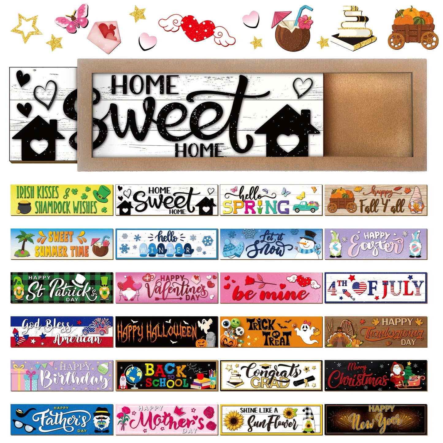 25pcs Of Interchangeable Season Sign Interchangeable Welcome Wood Sign For Table Decorative Seasonal Sign Decor With A Wooden Frame Wreaths For Fall Thanksgiving Halloween Autumn Decor