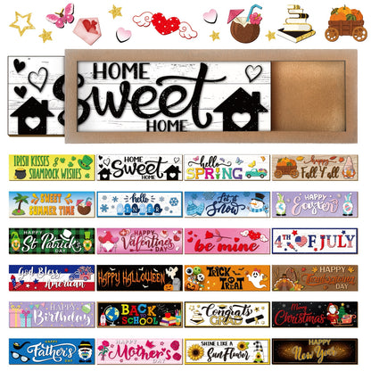 25pcs Of Interchangeable Season Sign Interchangeable Welcome Wood Sign For Table Decorative Seasonal Sign Decor With A Wooden Frame Wreaths For Fall Thanksgiving Halloween Autumn Decor
