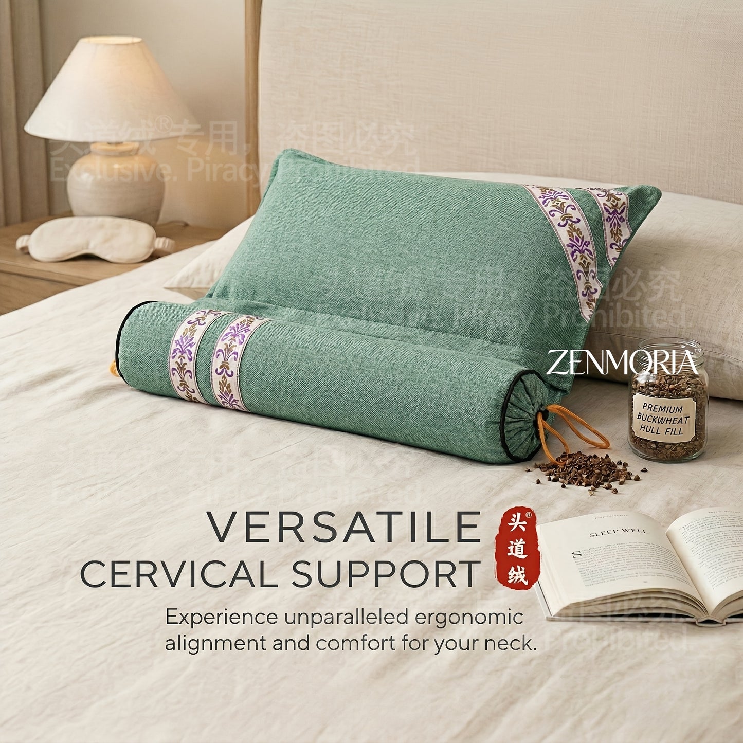 Detachable 2-in-1 Pillow, Premium Buckwheat Filled, Ergonomic Comfort & Relaxing Pillow for American Lifestyle..