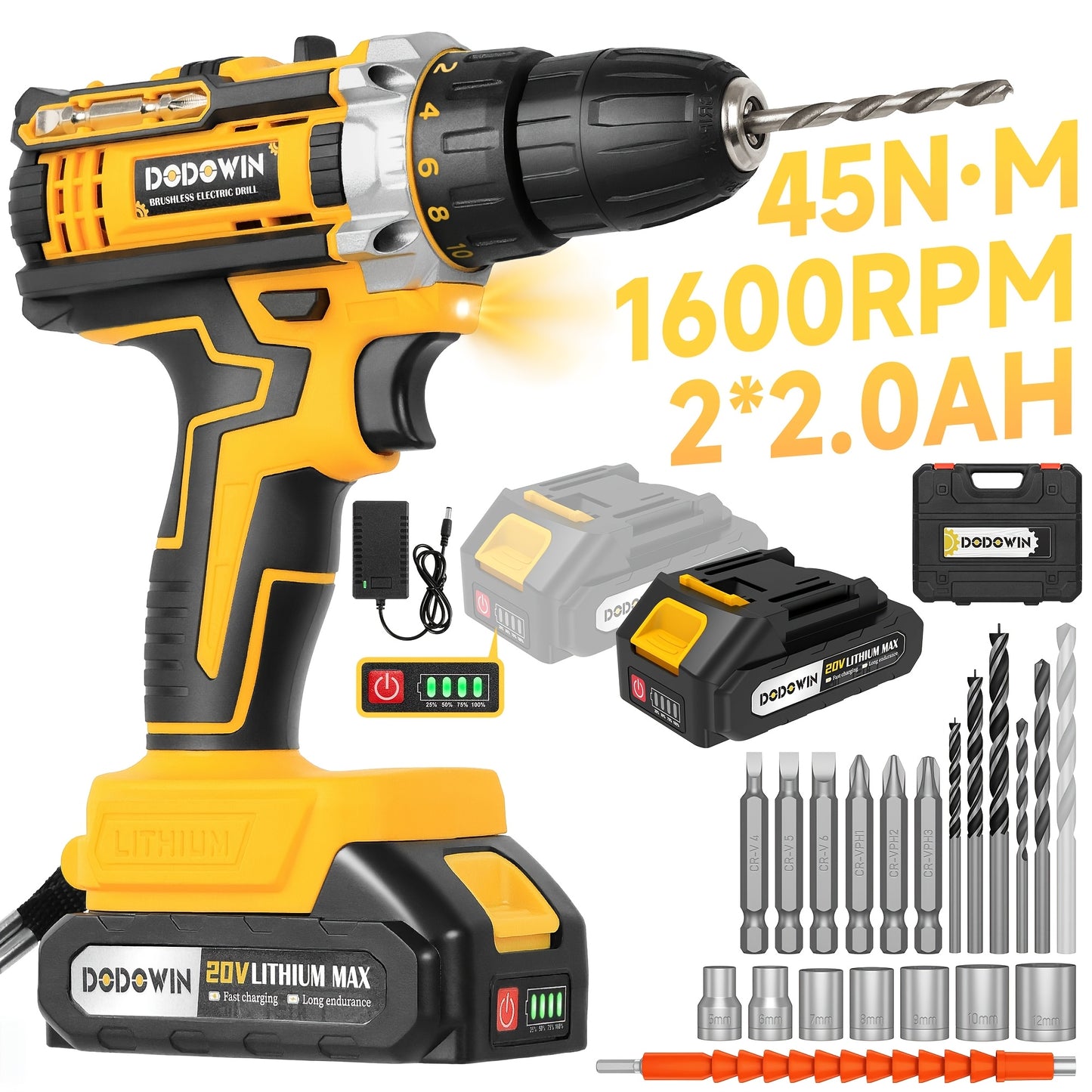 Accessories Sold Separately Cordless Impact Drill Set, 12V/21V Electric Drill Kit, 45Nm Power, 2-Speed, Keyless Chuck, LED Light, With 1/2 Battery & Charger Included, 24pcs Accessories, Ideal For Home Repair