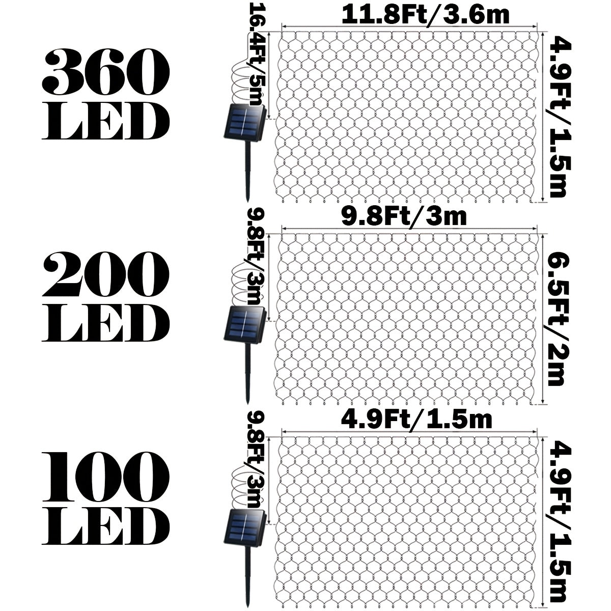Solar Net Lights Outdoor 11.8ft x 5ft | 100 200 360 LED Mesh Bush Lights Auto On Off | Solar Powered Garden Fairy Lights for Tree Fence Backyard Decor Warm White White RGBY