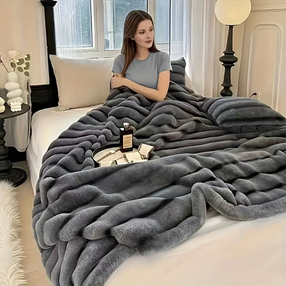 A Faux Rabbit Fleece Blanket, Double Layer Thickened, All Season, King/Queen Size, Winter Blankets Soft Warm, Throw For Adults Reversible Machine Washable Blanket, For Home, Car, Office, Travel, Couch Cover, Christmas, Halloween Gift, Birthday Gift