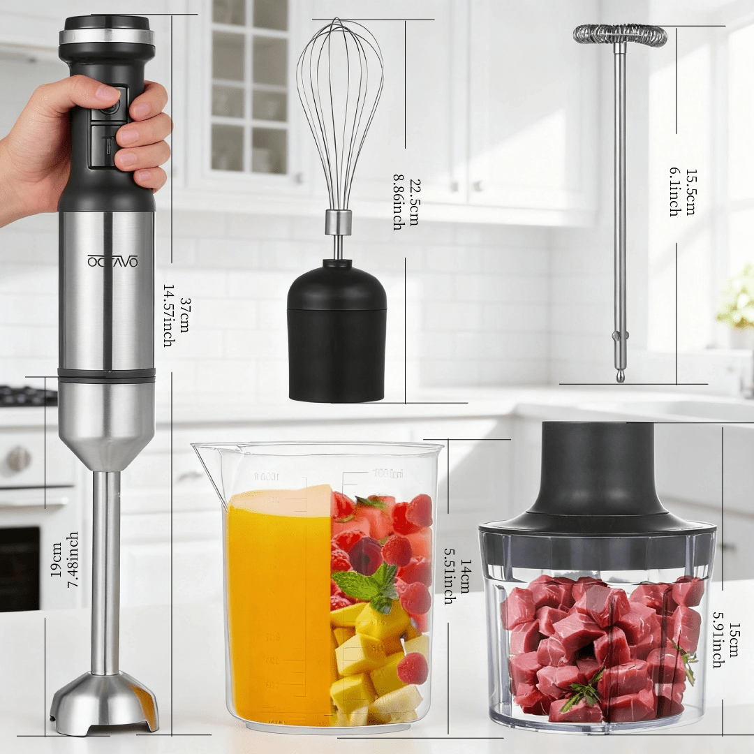 【800W Heavy Duty】5-in-1 Immersion Hand Blender with Variable Speed – Stainless Steel Stick Mixer with Whisk, Frother, 1000ml Cup, 450ml Chopper – for Smoothies, Soup, Meat