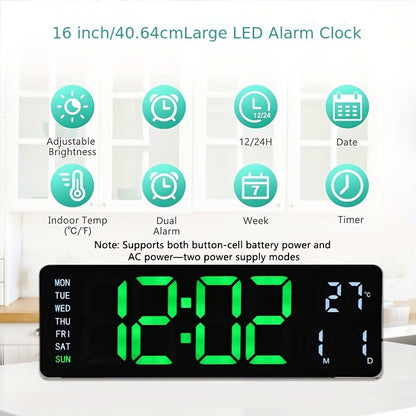1pc 16inch Smart Digital Wall Clock - Large Color LED Display, Auto 10-Level Brightness, 12/ 24H Time, Temperature/ Humidity Monitor, Dual Alarm with Snooze, USB Powered, Perfect for Living Room/ Office/ Bedroom(Includes Remote Control)