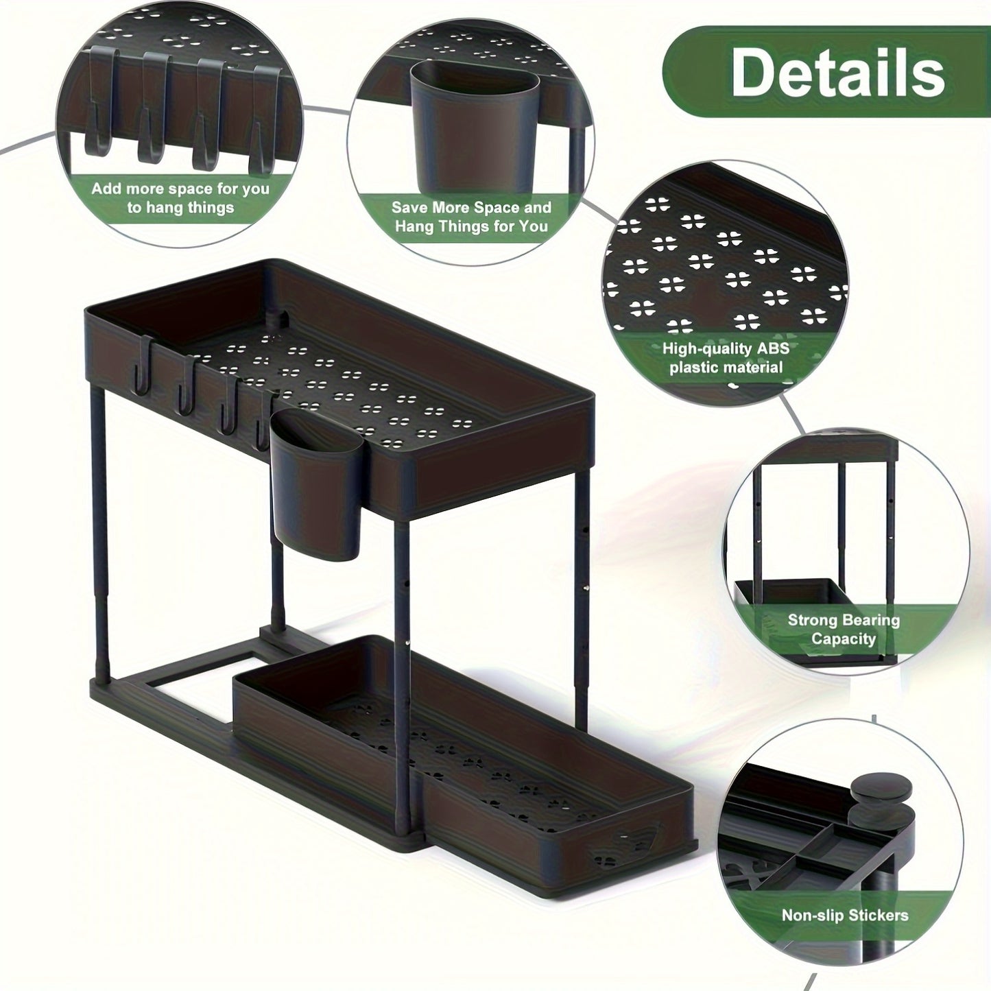 1pc Under Sink Organizer, 2 Tier Sliding Cabinet Basket Organizer With Hooks, Multifunctional Under Sink Organizer For Bathroom Kitchen, Shelves