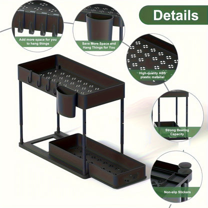 1pc Under Sink Organizer, 2 Tier Sliding Cabinet Basket Organizer With Hooks, Multifunctional Under Sink Organizer For Bathroom Kitchen, Shelves