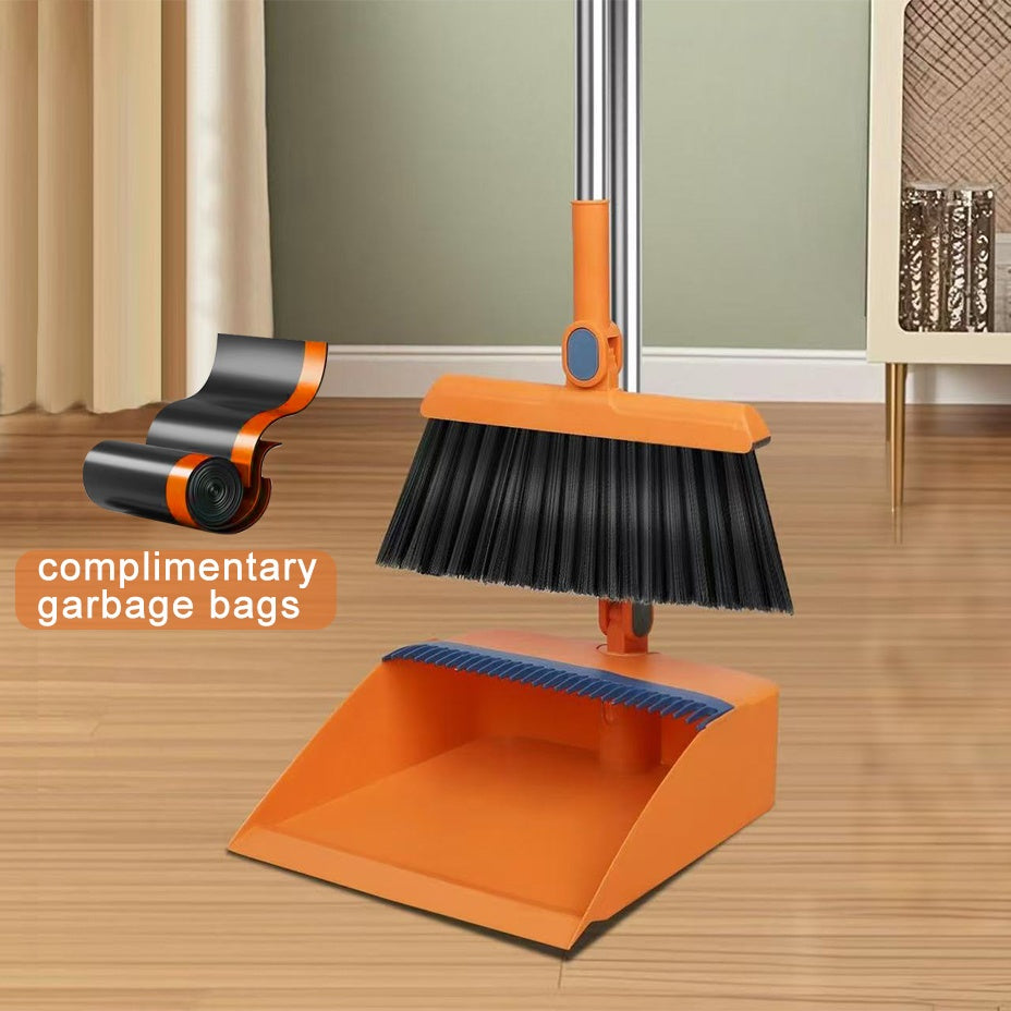 2pcs Set 3-in-1 Rotatable & Foldable Magnetic Broom, Dustpan & Garbage Bag Set with Enlarged Thickened Soft Bristle Broom - Non-Stick Pet Hair Cleaning for Hard Floors, Blue/Orange/White, Space-Saving Design for Living Room, Bedroom, Bathroom, Outdoor Use