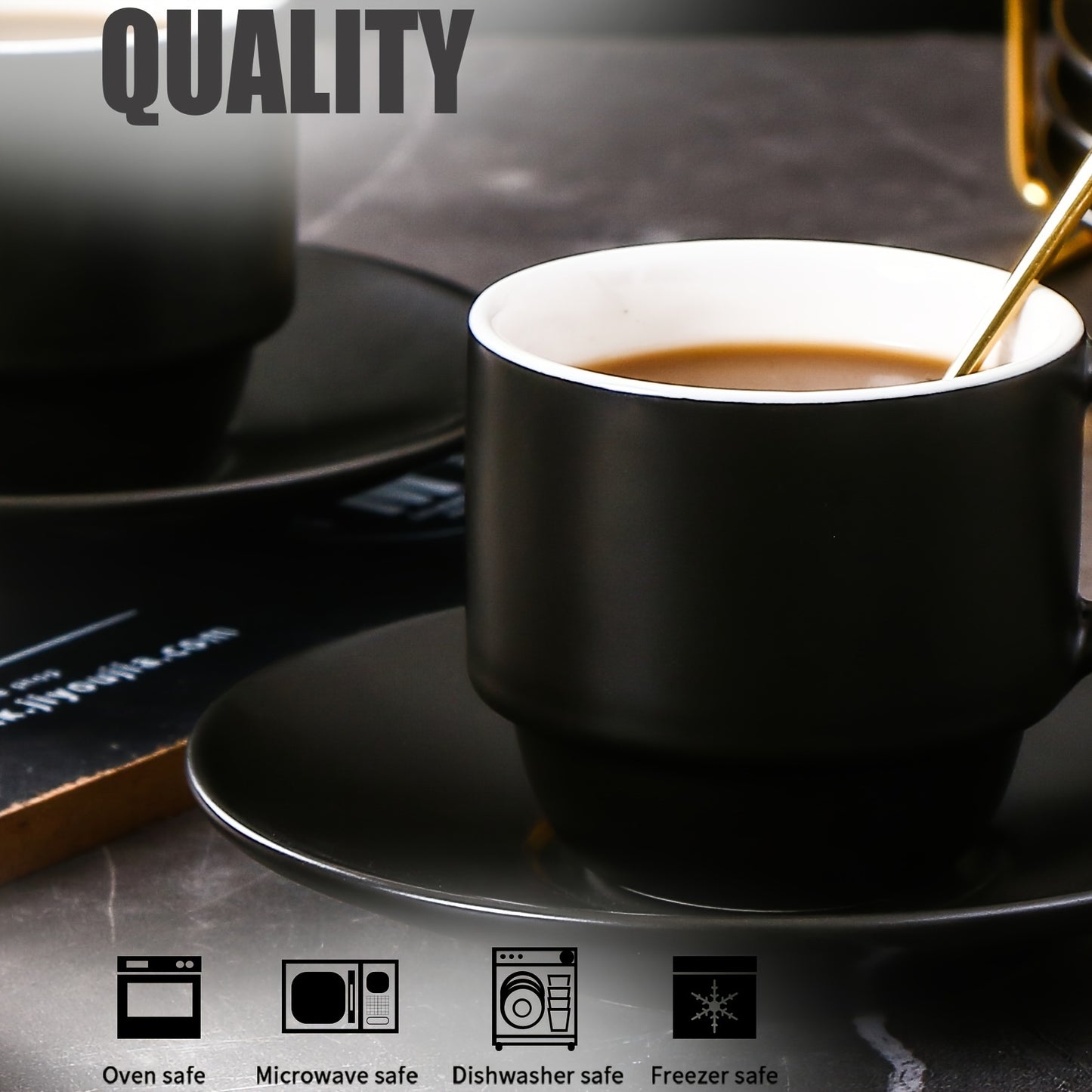 Matt Black 4oz Small Cappuccino Mug Set Of 6, Stackable Espresso Ceramic Mugs with Saucer, Spoon And Metal Stand - for Lungo, Double Espresso Ceramic Cologne Mugs for Afternoon Tea