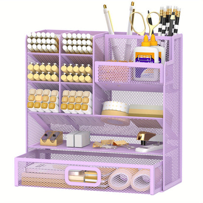 SUPEASY Desk Organizer With Drawer, Multifunctional Mesh Desk Pen Organizer, Desk Organizer With Pen Holder And Accessories For Office And Art Supplies