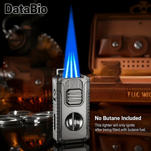 (No Butane)Windproof Tri-jet Flame Butane Lighter, Metal Multifunctional 5-in-1 Lighter, Cigar Portable Lighter, Adjustable Flame, Refillable, with Transparent Visual Gas Chamber, Suitable for Barbecue, Candles, Outdoor, Camping, Christmas Gift