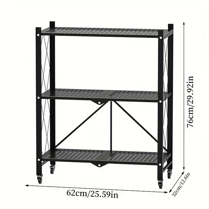 3-Layer Heavy-Duty Foldable Metal Storage Rack with Wheels for Movable Organization, Suitable for Garage Kitchens with a Load-Bearing Capacity of Up to 750 Pounds. Black Kitchen Storage Rack, for garage Storage And Storage Rack