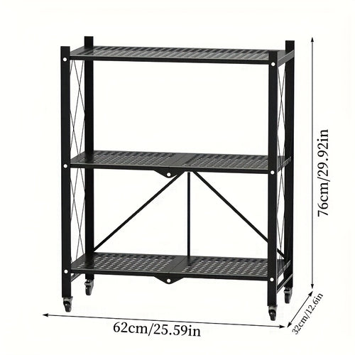3-Layer Heavy-Duty Foldable Metal Storage Rack with Wheels for Movable Organization, Suitable for Garage Kitchens with a Load-Bearing Capacity of Up to 750 Pounds. Black Kitchen Storage Rack, for garage Storage And Storage Rack