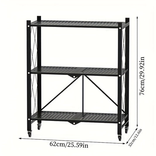 3-Layer Heavy-Duty Foldable Metal Storage Rack with Wheels for Movable Organization, Suitable for Garage Kitchens with a Load-Bearing Capacity of Up to 750 Pounds. Black Kitchen Storage Rack, for garage Storage And Storage Rack