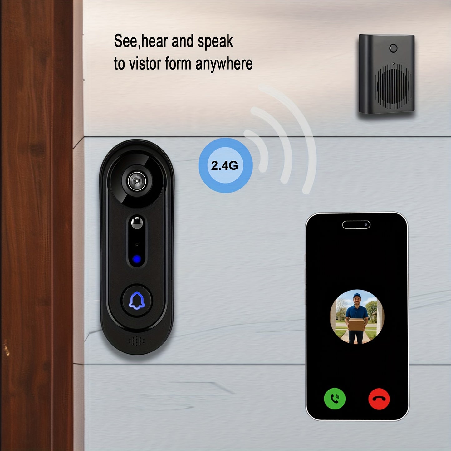 Doorbell Camera Wireless 1080P, Alert, Night Vision, Motion Detection, Indoor Chime, Two Way Audio, Battery Power, Only 2.4Ghz, Cloud Storage