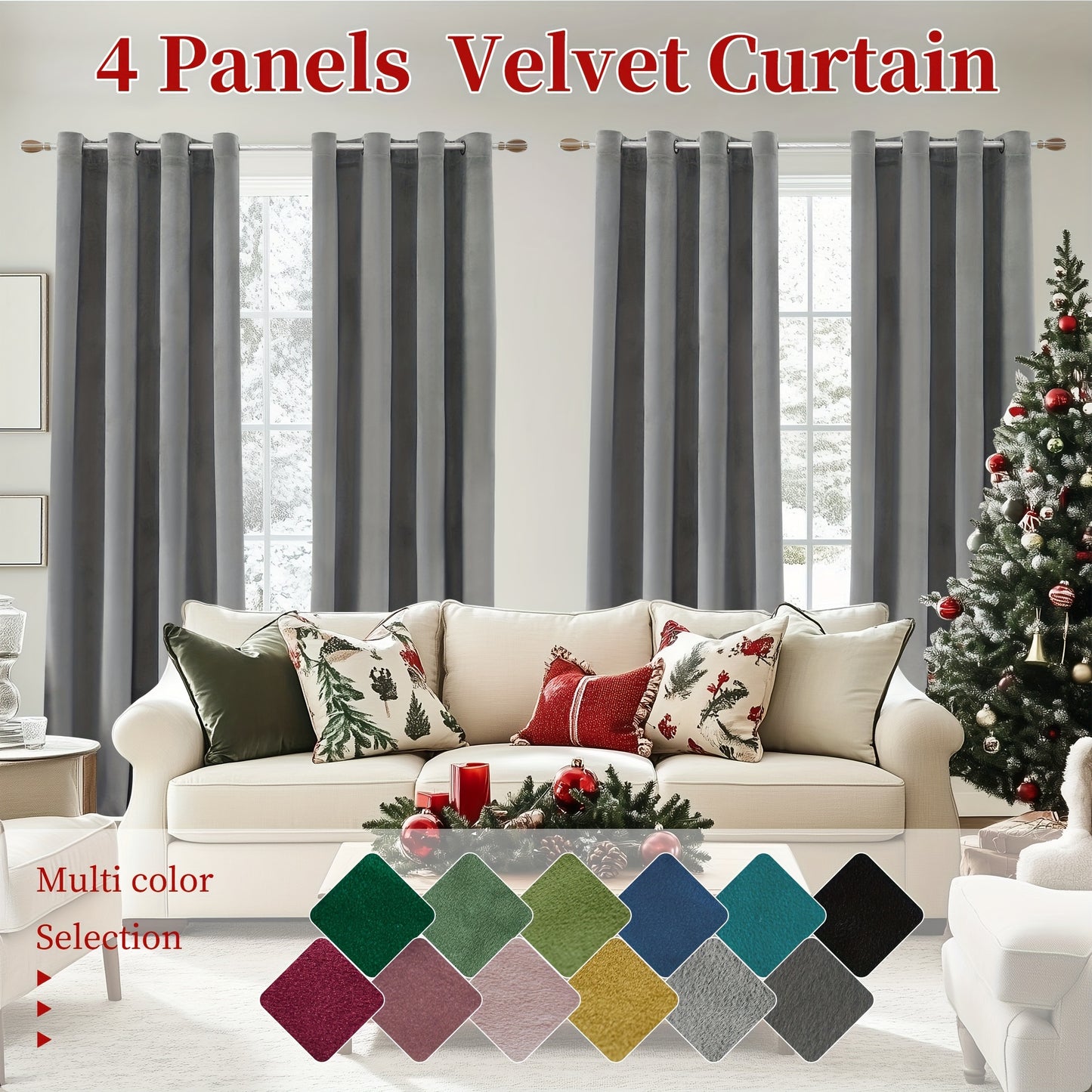 4pcs Luxury Velvet Blackout Curtains - Thermal Insulation & Noise Reduction, Soft Drapes for Living Room and Bedroom Decor, Grommet Top, Christmas Decoration