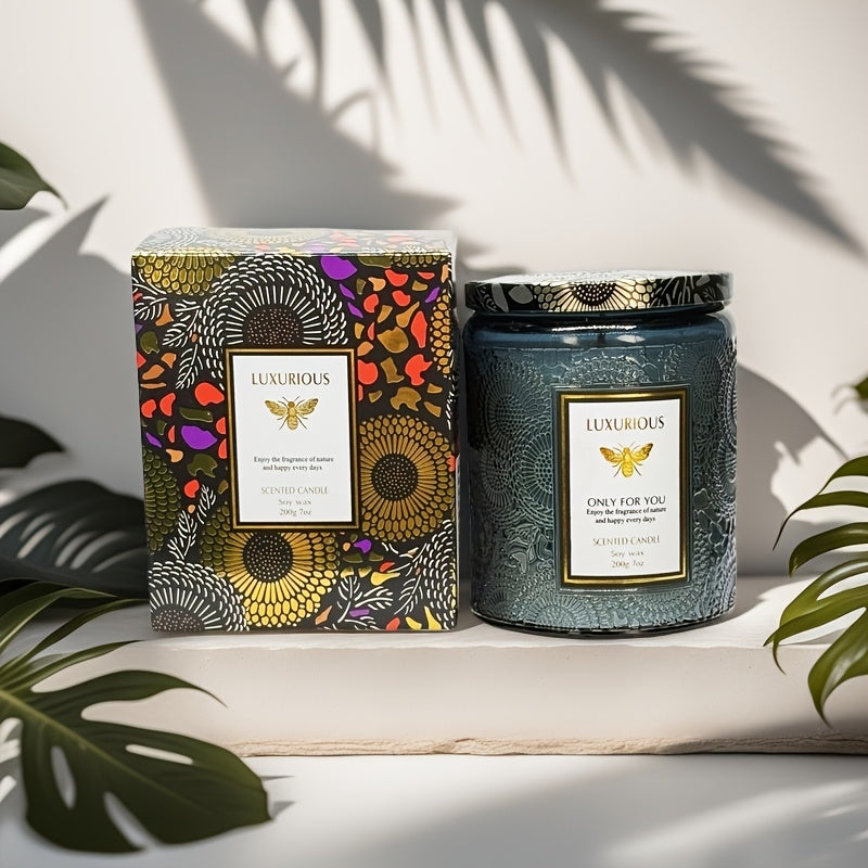 Scented Candle in Relief Glass Cup – Aromatherapy Home Fragrance with Crystal Embellishment, Single Wick, Multiple Scents – Jasmine, Tuberose, Amber, Sage & More