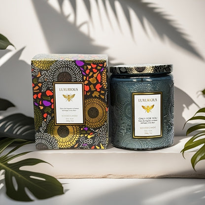 Scented Candle in Relief Glass Cup – Aromatherapy Home Fragrance with Crystal Embellishment, Single Wick, Multiple Scents – Jasmine, Tuberose, Amber, Sage & More
