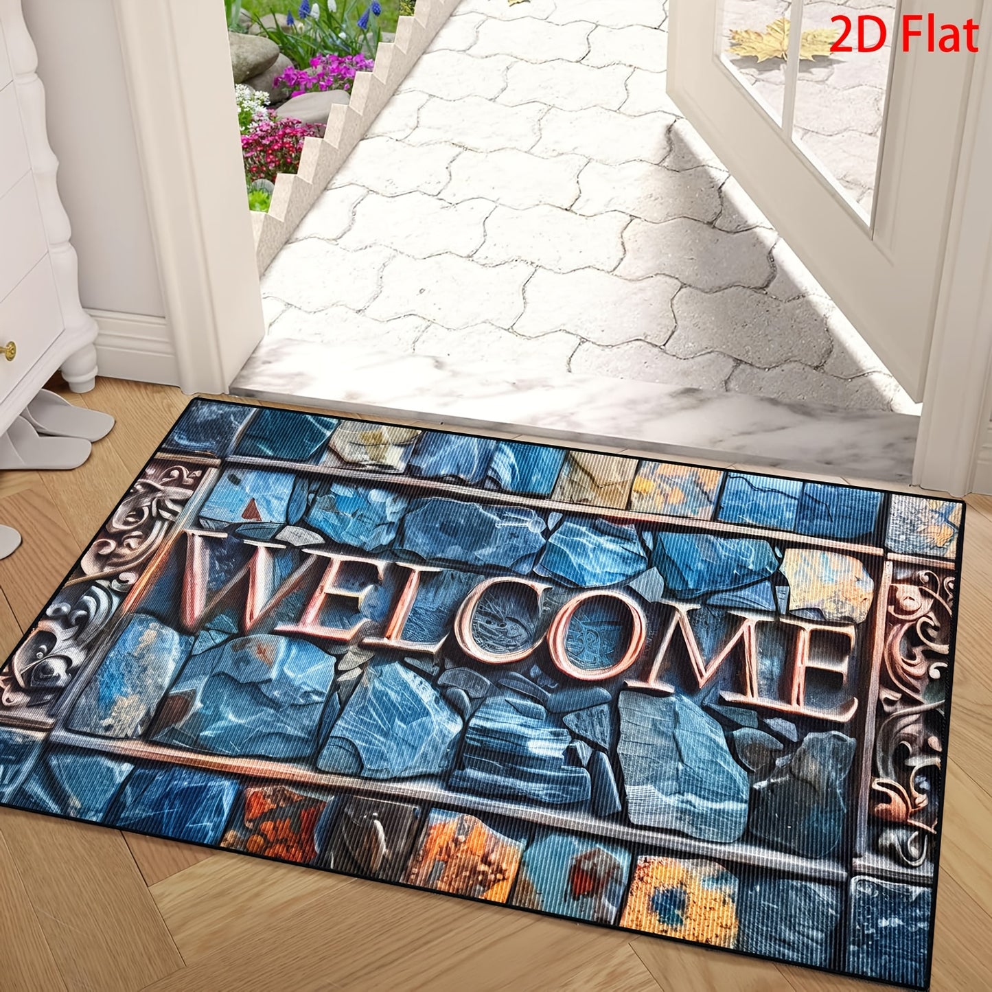 2D Retro Blue Welcome Doormat Stone Pattern Entrance Carpet Non-Slip Floor Mats Indoor Home Decor