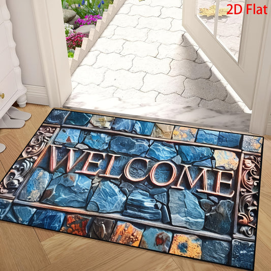 Non-Slip Welcome Doormat Stone Pattern Entrance Carpet Indoor Outdoor Floor Mat