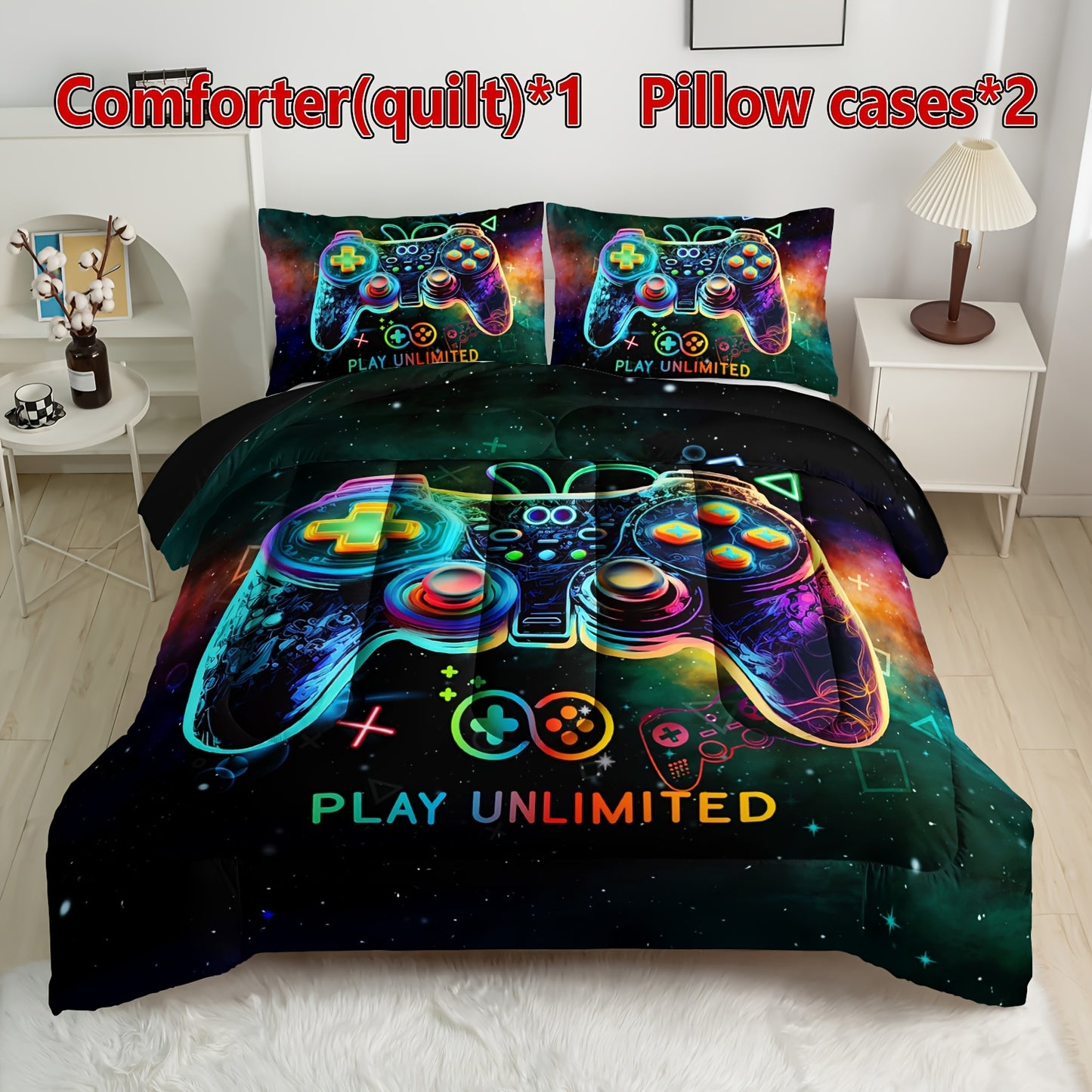 Tog 3 3pcs Kid Super Soft Breathable Leisure Game Handle Thickening Quilt Set (1 Comforter +2 Pillowcases Without Pillow Core), Contains Padding 180Gsm Quilting Soft Ventilate Digital Printing Bedroom Dormitory At Home