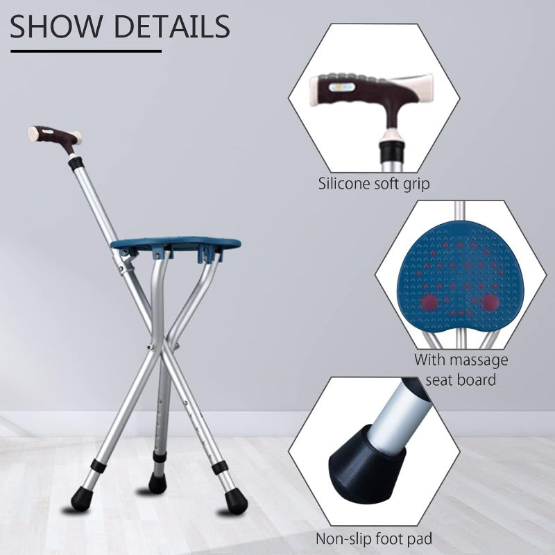 Folding Cane with Seat 440 lbs Capacity, LED Light Telescopic Walking Stick with Height Adjustment & Frosted Handle, Portable Foldable Cane Stool for Seniors Adults