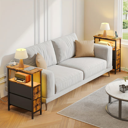 1pc/2pcs Narrow End Tables Living Room With Charging Station, Skinny Side Table With Fabric Drawers, Slim LED Nightstand For Bedroom, School And Dormitory Storage, Small Spaces, Couch, For Halloween And Christmas, Storage Drawer Units
