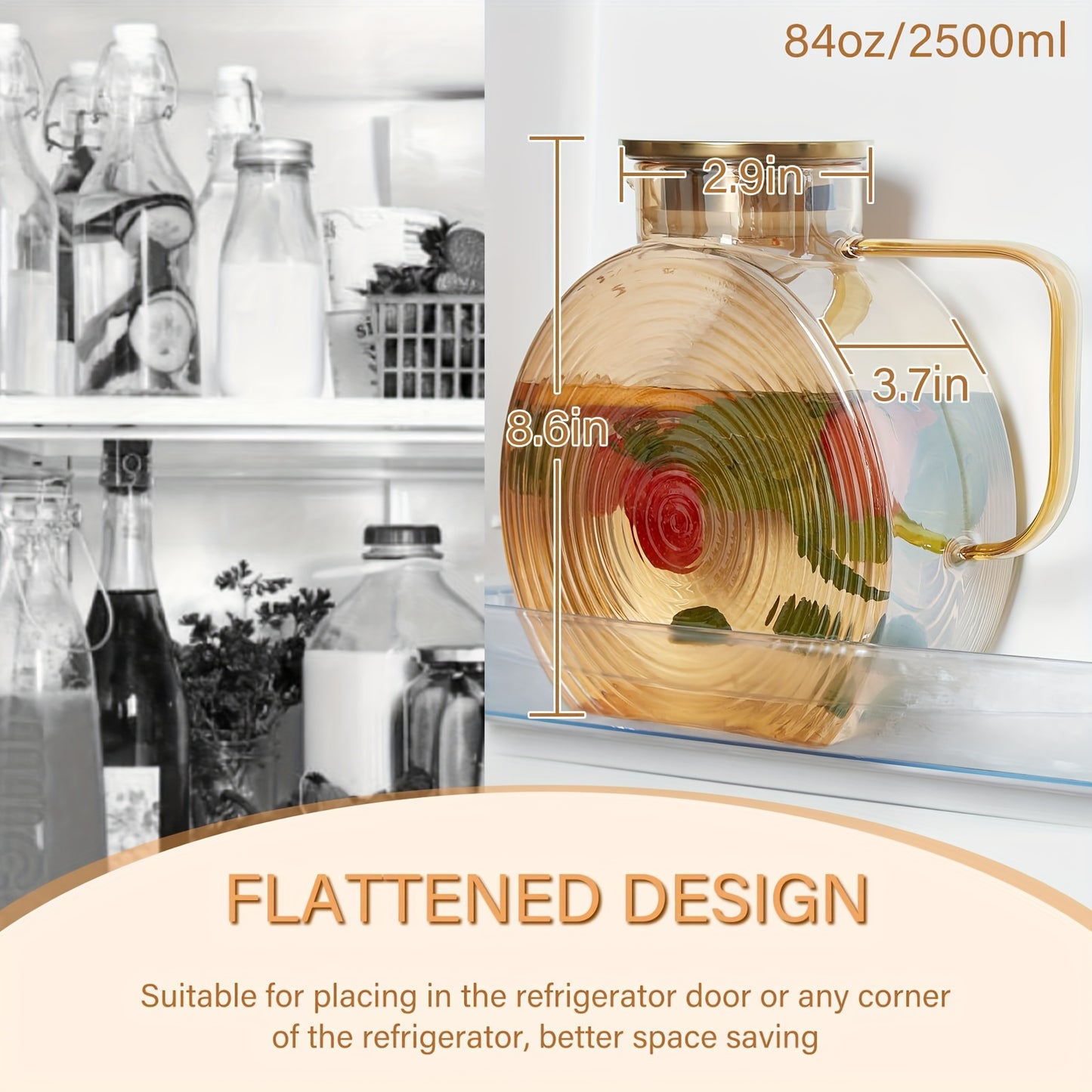 Glass Pitcher with Lids for Fridge Door, 2.5L/84Oz Large Iced Tea Pitcher with Handle, Borosilicate Water Jug for Sun Tea, Fruit Juice, Drinks, Lemonade, Cold Or Hot Beverages, Champagne