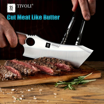 Meat Cleaver Knife Kitchen Vegetable Knife Sharp Meat Cleaver Forged In Fire Full Tang Cleaver Knife with SheathFor Outdoor Camping Father's Day Gift Men Women